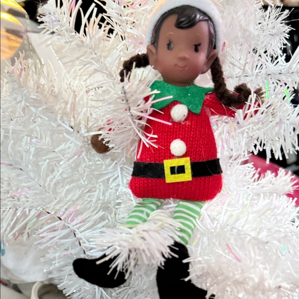 NWT Girl Elf Ornaments set 4 with Outfit & plastic head & braids 7”